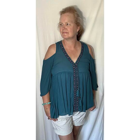 Xhilaration Teal Cold Shoulder Rayon Blouse Top Womens L - Picture 1 of 5